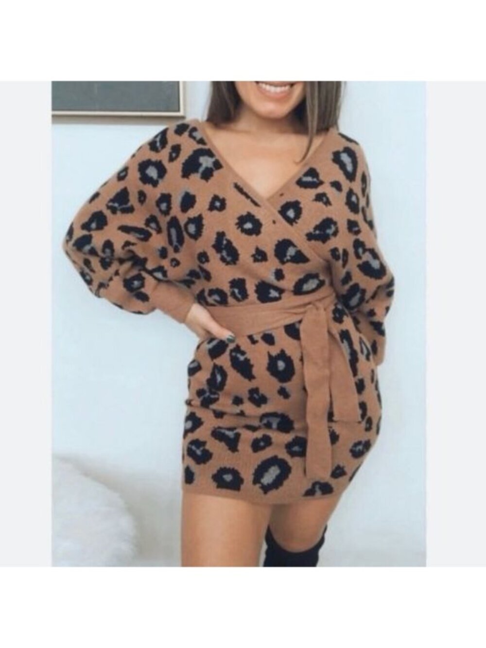 NWT L Love Brown Leopard Print Sweater Dress Belted Off Shoulder Knit Medium